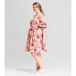 Size 2X 18 20 PINK FLORAL PRINT FAUX-WRAP DRESS‎ W/POCKETS Summer PLUS SIZE
